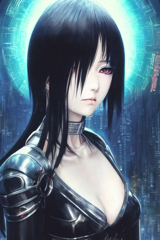 Image similar to portrait Anime girl in cyberpunk trinity blood armor, cute-fine-face, black-hair pretty face, realistic shaded Perfect face, fine details. Anime. realistic shaded lighting by Ilya Kuvshinov katsuhiro otomo ghost-in-the-shell, magali villeneuve, artgerm, rutkowski, WLOP Jeremy Lipkin and Giuseppe Dangelico Pino and Michael Garmash and Rob Rey and Yoshitaka Amano and Thores Shibamoto