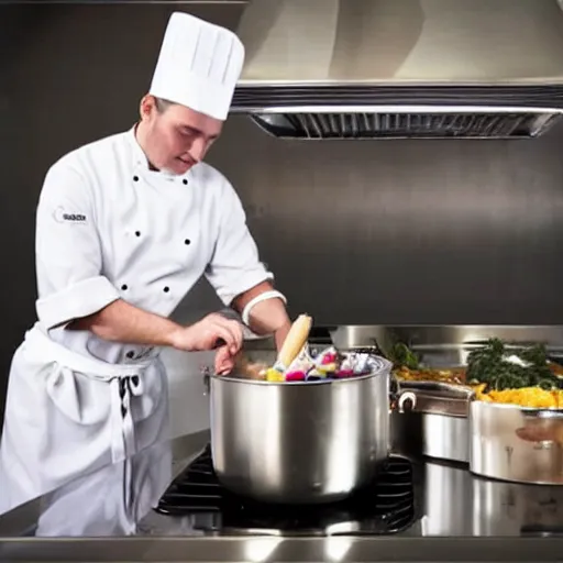 Prompt: photo of a chef cooking a unicorn inside a metal pot on a stove