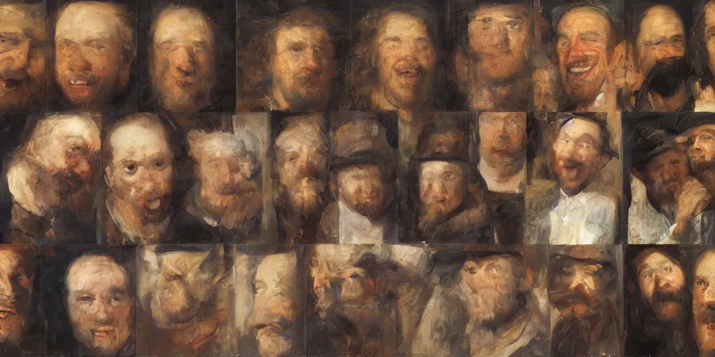 Prompt: a grid of oil paintings of different men with joyful expressions, in the style of Rembrandt, very detailed, head and shoulders, dark background, perfect lighting, 8k, HD