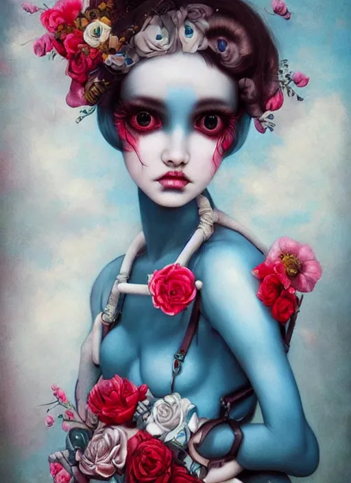 Image similar to pop surrealism, lowbrow art, realistic cute girl painting, blue body harness, japanese shibari with flowers, hyper realism, muted colours, rococo, natalie shau, loreta lux, tom bagshaw, trevor brown style,