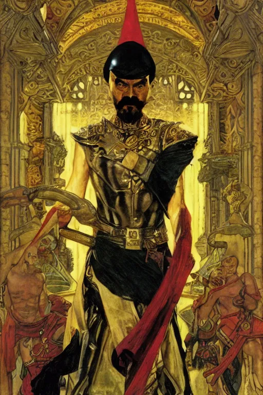 Image similar to ming the merciless, painted by jack kirby, lawrence alma tadema, norman rockwell, greg staples, wayne barlow, neville page