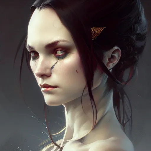 Image similar to Portrait of evil girl, face, dark fantasy, intricate, elegant, highly detailed, digital painting, artstation, concept art, smooth, sharp focus, illustration, art by zeronis and greg rutkowski and alphonse mucha