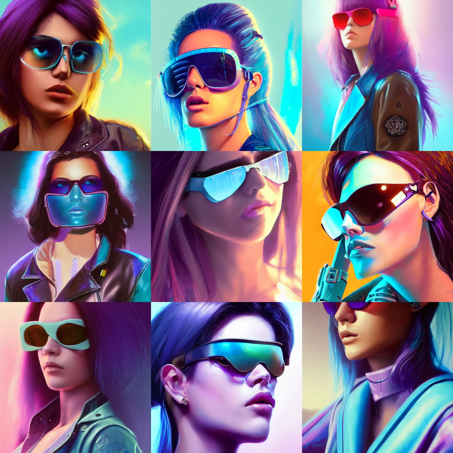 Prompt: very detailed masterpiece closeup painting of a very beautiful young mexican cyberpunk woman with light blue shutter shades, one side haircut, long brown hair with light blue ends, purple leather jacket, synthwave background, portrait, synthwave background, artstation, concept art by greg rutkowski