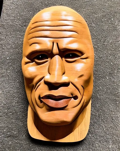 Prompt: a crude wooden carving of dwayne the rock johnson, ebay listing, product picture, advertisement, thumbnail