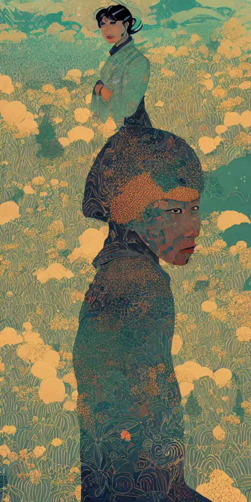 Image similar to a portrait of a character in a scenic environment by Victo Ngai