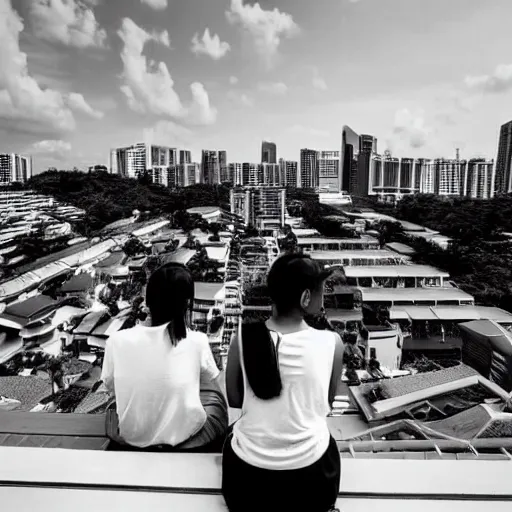 Image similar to photo of two singaporean students sitting on the roof of a hdb flat, black and white, award winning, composition