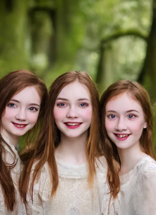 Image similar to a headshot portrait of three happy nymphs in the forst, extremely realistic and highly detailed 8 k, sharp focus, atmospheric lighting, dramatic volumetric lighting, extremely realistic faces