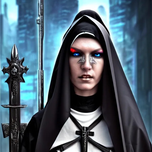 Image similar to cyberpunk nun warrior, highly detailed, 4 k, hdr, smooth, sharp focus, high resolution, award - winning photo, illustrated by anne stokes, photorealistic