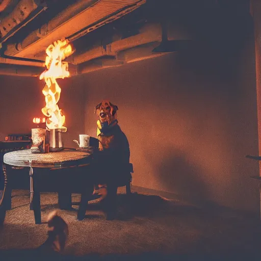 Image similar to a photograph of an humanlike relaxed dog in his house, sitting at a table, ☕ on the table, surrounded by flames, room is on fire, smoke under the ceiling