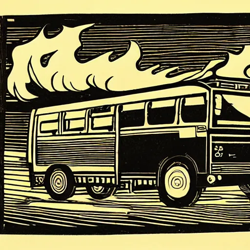 Prompt: japanese woodcut of a bus on fire