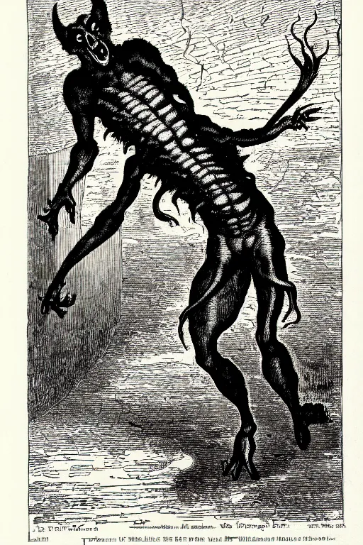 Image similar to the fresno nightcrawler, as a demon from the dictionarre infernal, pen - and - ink illustration, etching by louis le breton, 1 8 6 9, 1 2 0 0 dpi scan, ultrasharp detail, hq scan, intricate details, stylized border