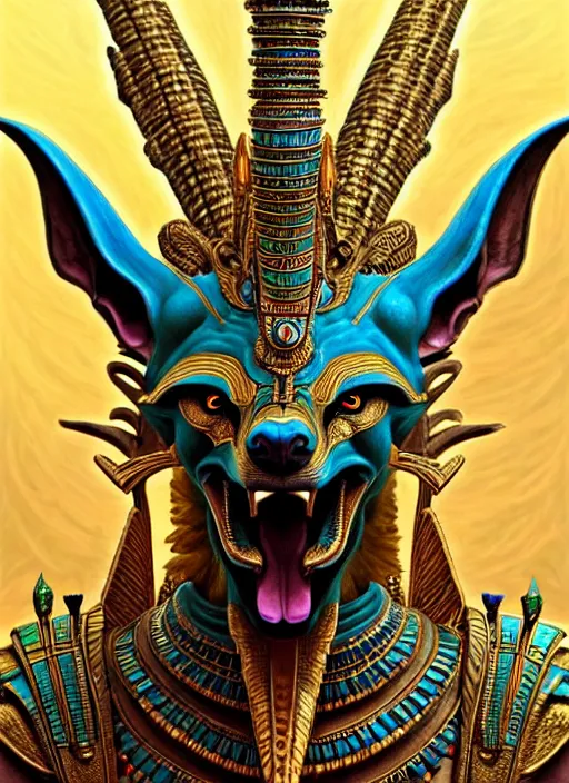 Image similar to enraged god anubis, snarling jackal with egyptian pharaoh headdress, ornate art nouveau botanicals, cyan and gold palette, fantasy, intricate, elegant, highly detailed, colorful, vivid color, digital painting, artstation, concept art, art by artgerm and greg rutkowski and ruan jia,