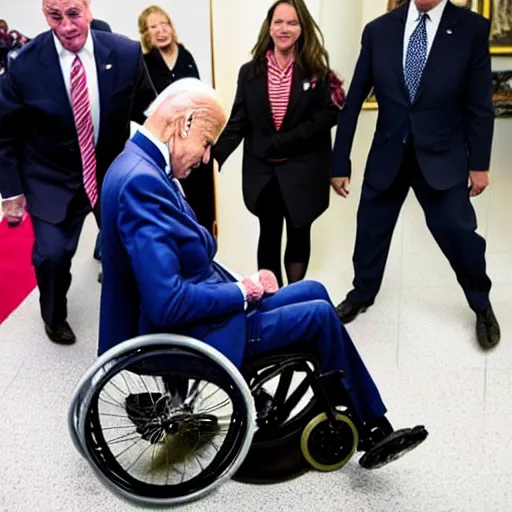 Image similar to joe biden falling off his wheelchair faceplanting on the ground, award winning photo