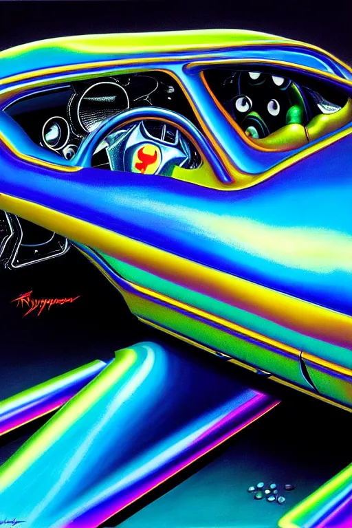 Prompt: a hyperrealistic detailed painting of a super futuristic iridescent halloween hotrod race car. cinematic lighting, depth perspective, depth of field, cinematic angle, by chris cunningham and richard corben, highly detailed, vivid color,