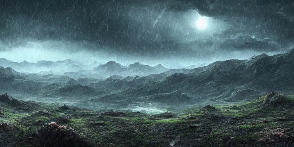 Prompt: beautiful alien world landscape on a rainy day, high detail, high definition, photorealistic, 8k