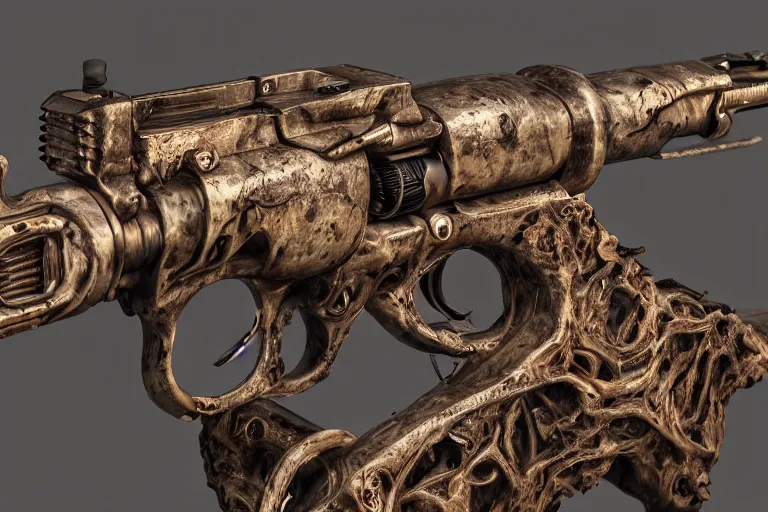 Prompt: a bionical revolver made from the rotten flesh and bones, perfect studio light, hypnotic, mind - bending, incomprehensible, 8 k, 3 0 mm lens, epic studio shot, ultra detailed, object photoshooting, octane render