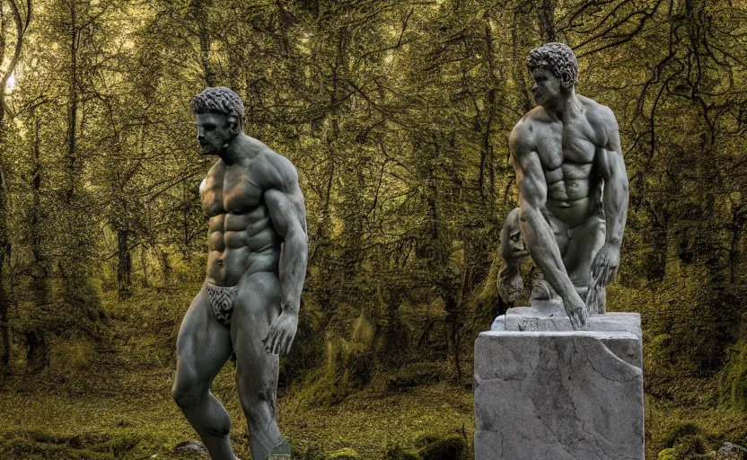 Image similar to a mossy greek marble statue of a very muscular man abandoned in the middle of a forest near a lake at sunset, concept art, godrays, complementary colors, calm, relaxing, beautiful landscape, highly detailed, high quality, 4k HDR, path tracing, serene landscape, high coherence, soft lighting