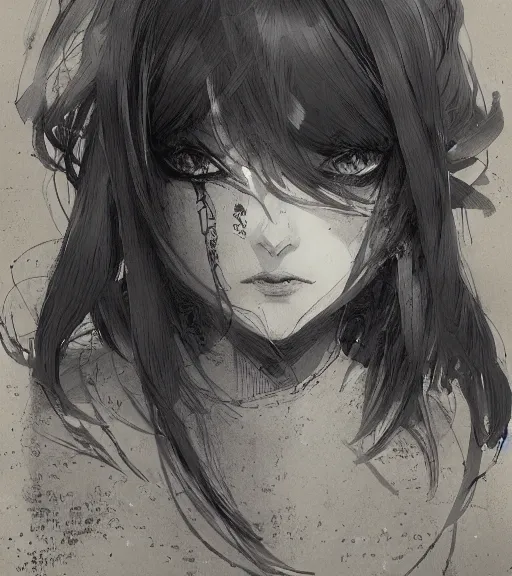 Prompt: portrait of anime girl, pen and ink, intricate line drawings, by craig mullins, ruan jia, kentaro miura, greg rutkowski, loundraw