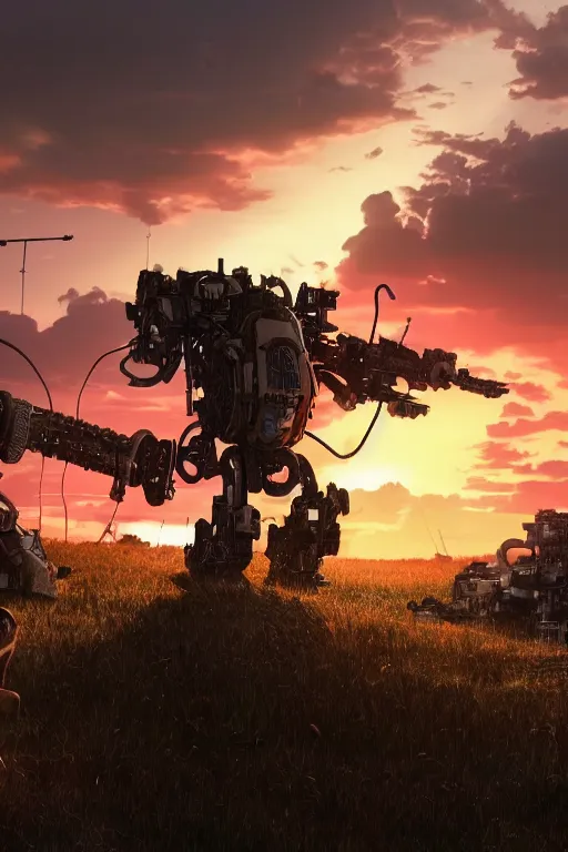 Image similar to A real photo of a Mechanical Bear and the sunset in the distance, by Josan Gonzalez, Yoji Shinkawa and Geof Darrow, highly detailed, Unreal Engine Render, 3D, 8k wallpaper