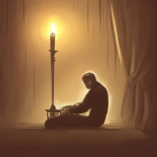 Prompt: A man sits in a dark and gloomy room, the only light is a flickering jittery candle, he writes by the candle in a journal, in a gothic and atmospheric style, artstation digital art, trending on artstation, artstationHQ, artstationHD.