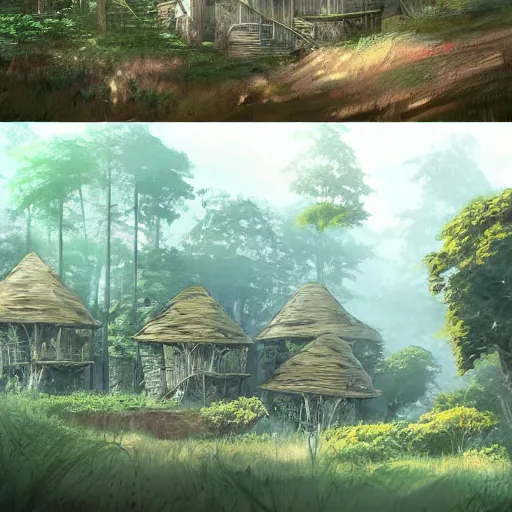 Prompt: concept art painting of houses made out of trees, in a deep forest, realistic, detailed, cel shaded, in the style of makoto shinkai and greg rutkowski and james gurney