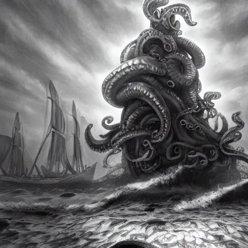 Prompt: kraken devours a huge ship in the style of kentaro miura, 4 k, 8 k, absolute detail of even the smallest details and particles, beautiful shadows, beautiful art, black and white drawing