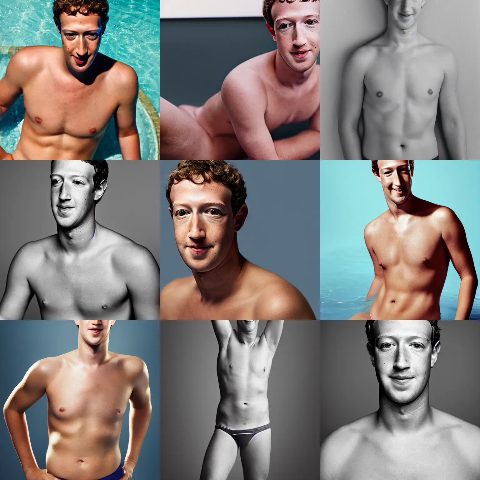 Image similar to Photo of Mark Zuckerberg in swimsuit, soft studio lighting, photo taken by Martin Schoeller for Abercrombie and Fitch, award-winning photo, 24mm f/1.4