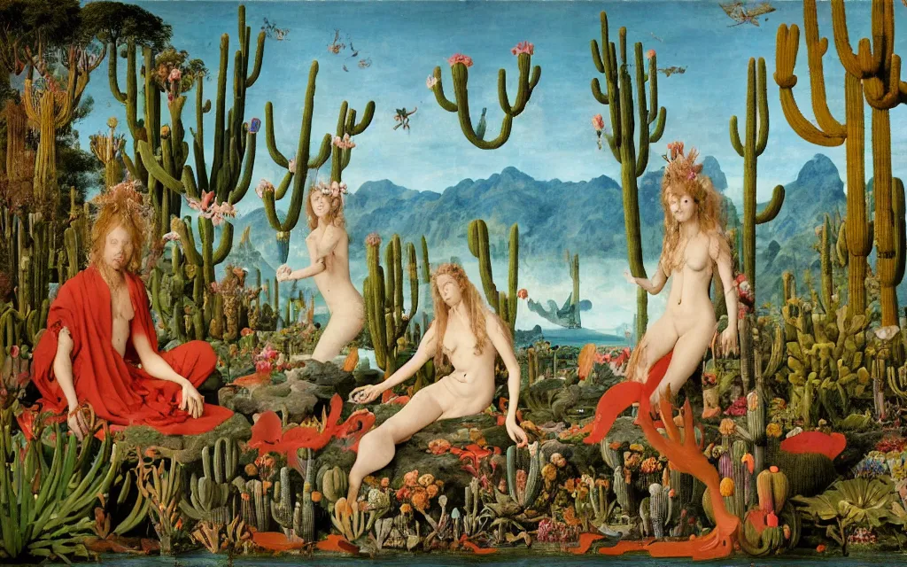 Image similar to a portrait photograph of a meditating mermaid werewolf and a centaur prince feeding tropical animals at a wide river delta. surrounded by bulbous flowers, animals, trees and cacti. mountain range under a vast blue sky of burning stars. painted by jan van eyck, max ernst, ernst haeckel and artgerm, cgsociety, artstation, fashion editorial