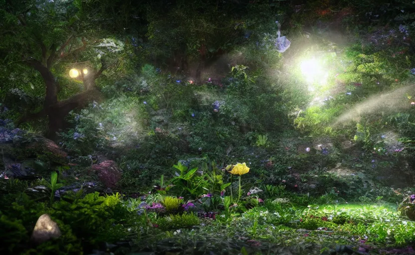 Image similar to as of the gods, which is said to have been filled with brilliance, and there was a garden there made entirely of precious stones, close up bokeh hiperrealistic, high detailled, darkness dramatic, sharp focus, octane render, imax