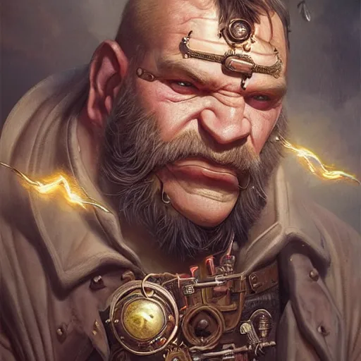 Image similar to a portrait of a steampunk half ogre half man, cinematic lightning, d & d, fantasy, highly detailed, digital painting, sharp focus, illustration, art by artgerm and greg rutkowski and magali villeneuve