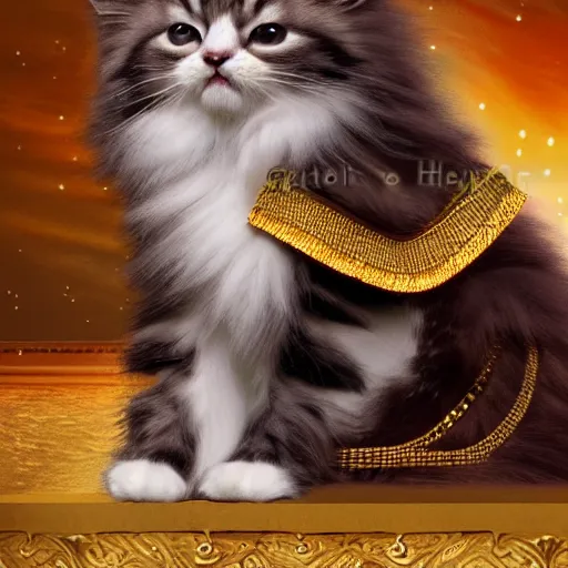 Prompt: cute long haired fluffy kitten dressed in egyptian costume detailed matte painting 4 k