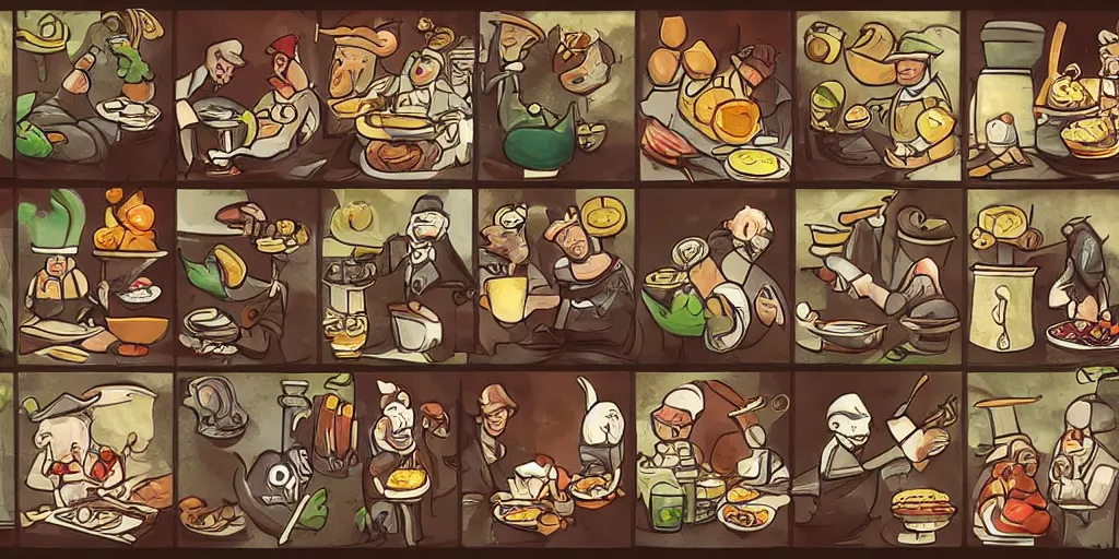 Prompt: card design concept art for a fantasy game about chefs and food and monsters