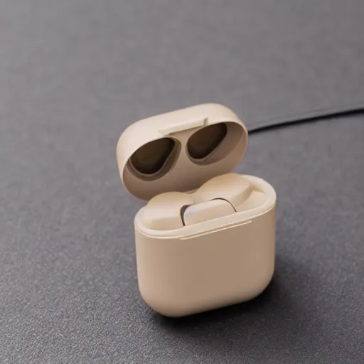 Image similar to beige truly wireless earbuds, studio, product photo