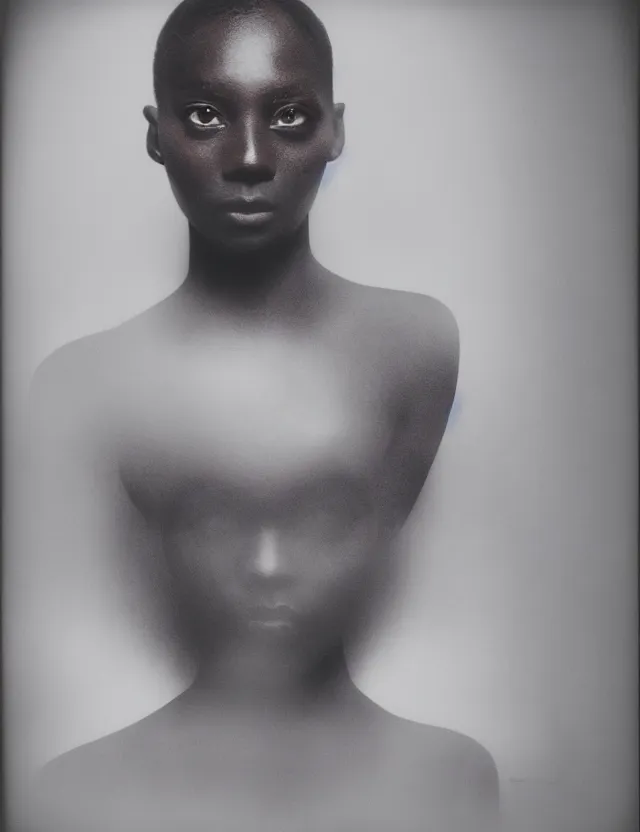 Prompt: conceptual polaroid photo with flash, portrait of a dark skin woman model in top with smokey eyes, polaroid photo bleached strong lights, kodak film stock, hyper real, stunning moody cinematography, with anamorphic lenses, by maripol, detailed