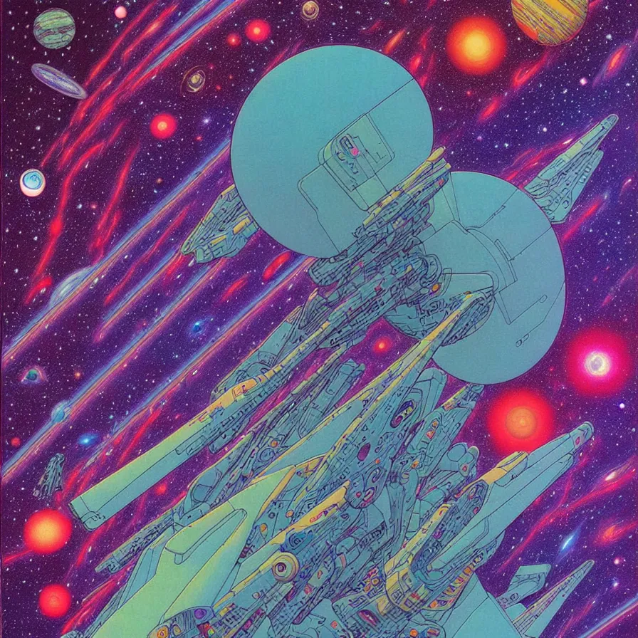 Image similar to ( ( ( ( the dimensional gap at the end of the galaxy and space ship ) ) ) ) by mœbius!!!!!!!!!!!!!!!!!!!!!!!!!!!, overdetailed art, colorful, artistic record jacket design