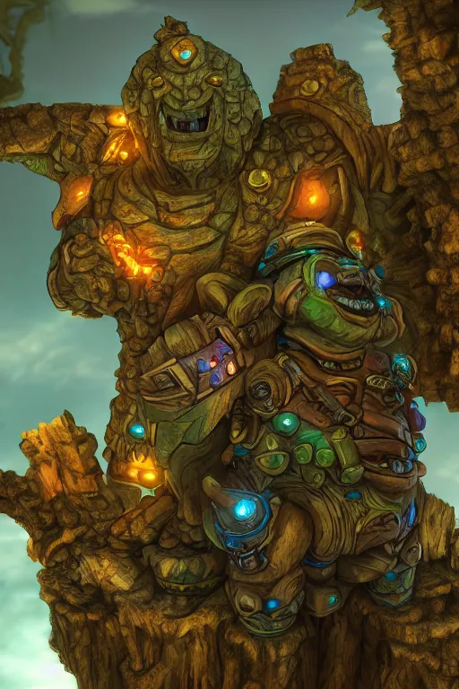 Image similar to zelda fantasy art giant golem troll wood rock greeble gemstone, global illumination ray tracing hdr fanart arstation by sung choi and eric pfeiffer and gabriel garza and casper konefal