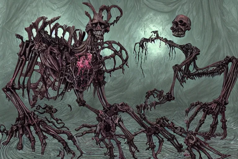 Prompt: D&D Monster, undead skeletal creature covered in slimey ooze, glowing magic irises, heavy fog, eery dead swamp setting