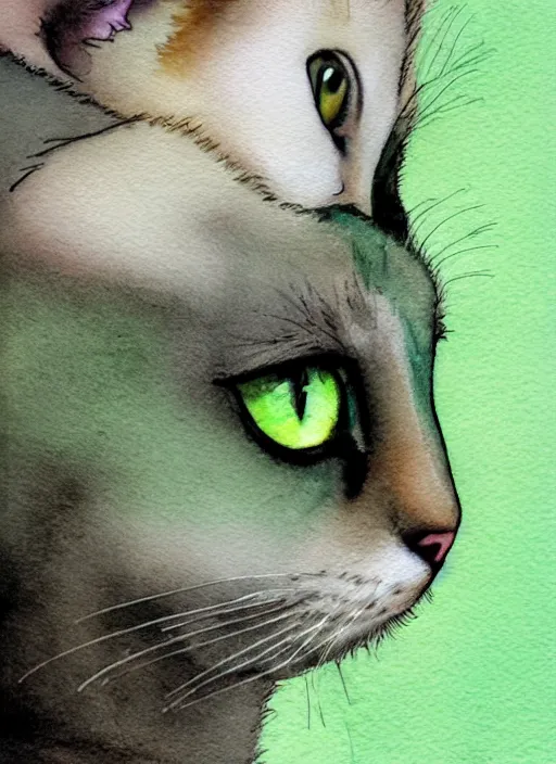 Image similar to blonde woman with green eyes kisses her cat with green eyes on her nose, watercolor, dramatic lighting, cinematic, establishing shot, extremly high detail, foto realistic, cinematic lighting, pen and ink, intricate line drawings, by Yoshitaka Amano, Ruan Jia, Kentaro Miura, Artgerm, post processed, concept art, artstation, matte painting, style by eddie mendoza, raphael lacoste, alex ross