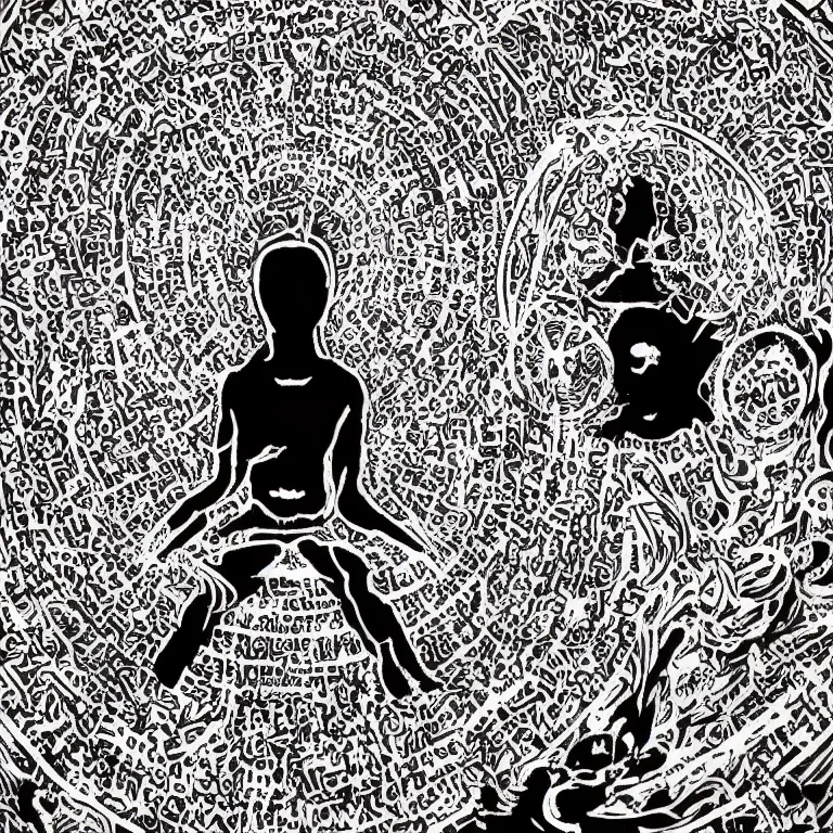 Prompt: human meditating supreme peace immense knowledge infinite color dmt art black and white intense loss ending death betrayal suffering deep black