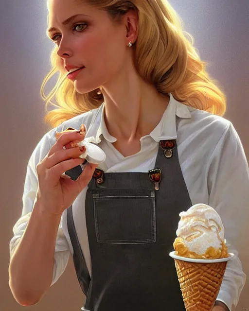 Image similar to portrait of a blonde fuller figured barbara bach from the bond film wearing dungarees and eating ice creams in porto, real life skin, intricate, elegant, highly detailed, artstation, concept art, smooth, sharp focus, art by artgerm and greg rutkowski and alphonse mucha