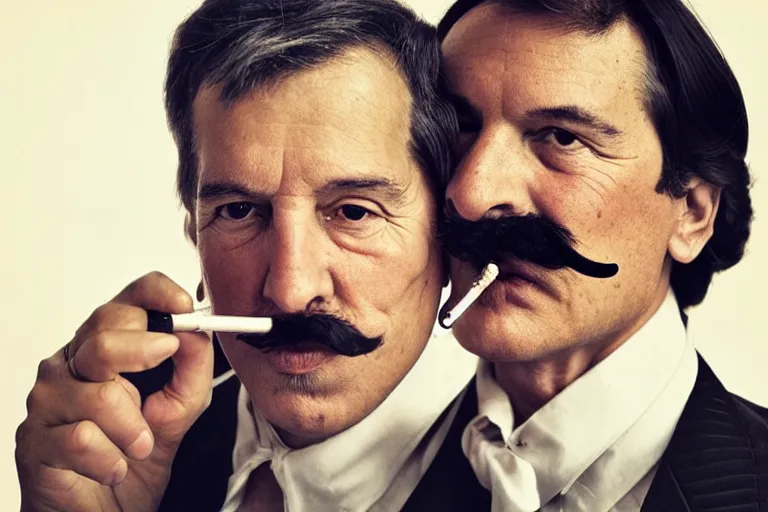 Image similar to mario testino photography, a male portrait, black hair, moustache, smoking a pipe