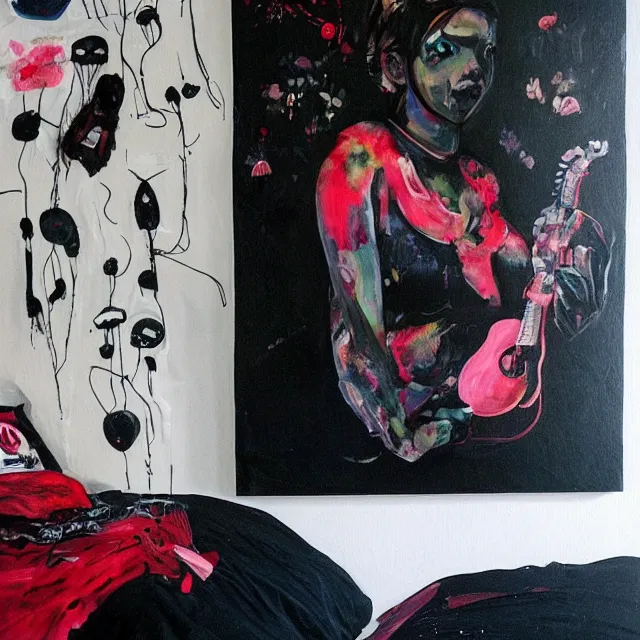 Image similar to a portrait in a female artist's bedroom, black walls, emo girl riding an inflatable pig, sheet music, berries, surgical supplies, pancakes, black flowers, sensual, octopus, neo - expressionism, surrealism, acrylic and spray paint and oilstick on canvas