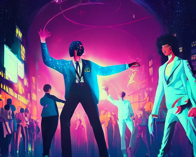Prompt: a grime tale of the night fever, disco club of the occult, digital painting, artstation, ristan eaton, victo ngai, artgerm, rhads, ross draws, anime styled, hd, 4 k