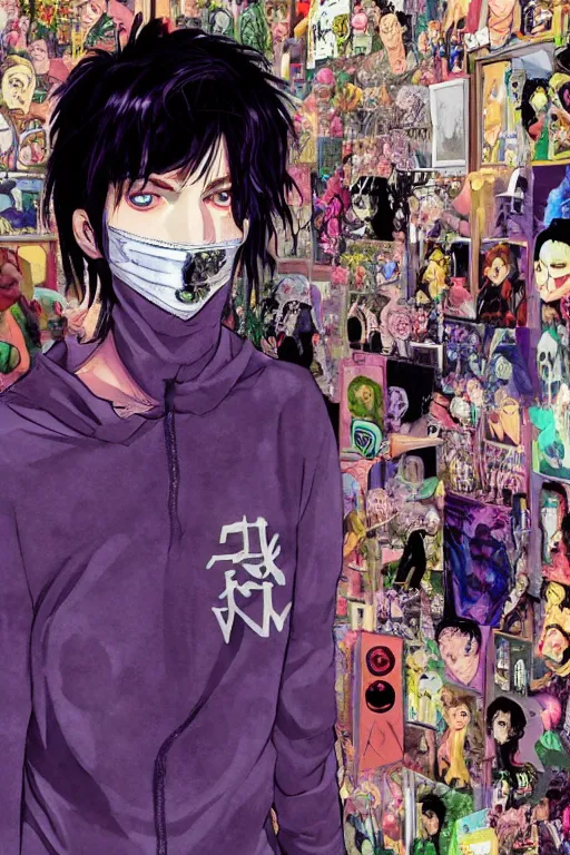 Image similar to a skinny goth guy wearing a face mask standing in a cluttered 9 0 s bedroom, full body character concept art, vaporwave colors, hirohiko araki art, inio asano art,