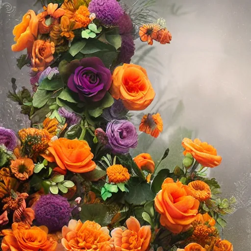 Prompt: a beautiful stunning fantasy matte digital painting of a bouquet made of orange roses and orange chrysanthemums and purple poppies and green eucalyptus and green flora, a photograph painted in the style of Bridal Magazine, professional floral arrangement, professional lighting, trending on artstation hq, contest winner