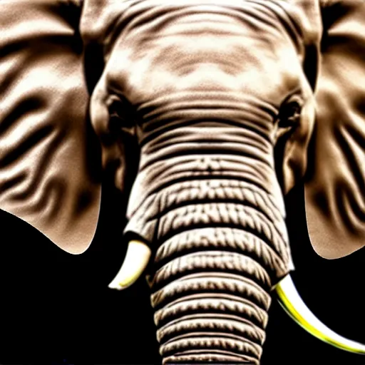 Image similar to elephant with horn in its head, ultra - realistic, elephant wrinkles, face close - up, 8 k.