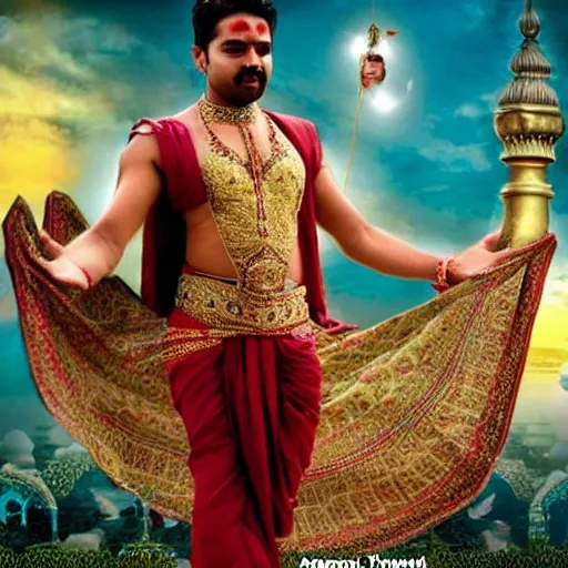 Image similar to bad photoshop of an indian man on a flying carpet singing alladin