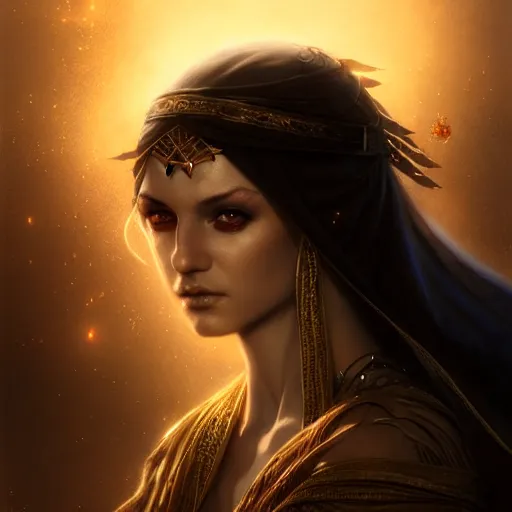 Image similar to arabian nights, character headshot portrait, sharp, digital matte painting, art by luis royo, greg rutkowski, wlop, dramatic lighting, trending on artstation