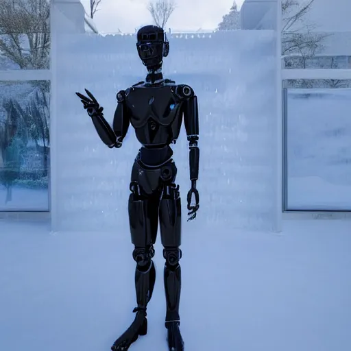 Image similar to made of ice, a realistic detailed photo of a guy who is an attractive humanoid who is half robot and half humanoid, who is a male android, on display, blank stare, showing off his muscles, shiny skin, posing like a statue, by the pool, frozen ice statue, twitch streamer / gamer ludwig, humanoid robot