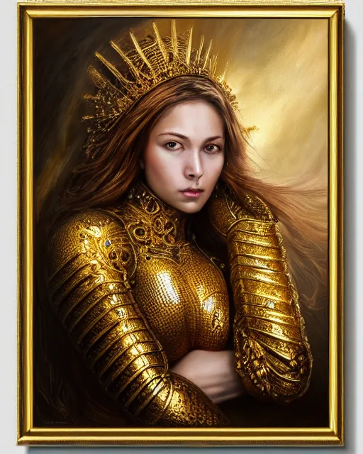 Image similar to oil painting portrait of woman in shining golden armor, high production value, intricate details, high resolution, hdr, high definition, masterpiece, realistic, ultrarealistic, highly detailed, hd, sharp focus, non blurry, sharp, smooth